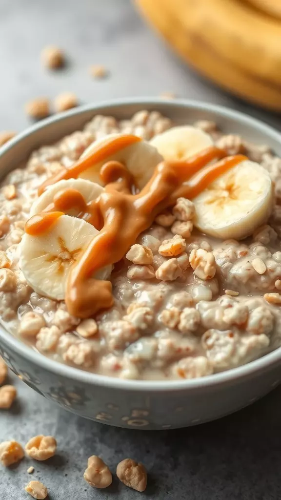 A bowl of peanut butter oatmeal topped with banana slices and a drizzle of peanut butter.