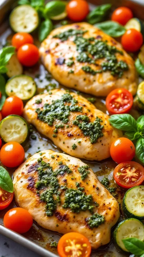 This sheet pan meal is a winner for busy weeknights. Juicy chicken pairs perfectly with fresh zucchini and sweet cherry tomatoes, all coated in flavorful pesto. Check out this easy recipe for a delicious dinner you can whip up in no time: Pesto Chicken with Zucchini and Cherry Tomatoes!