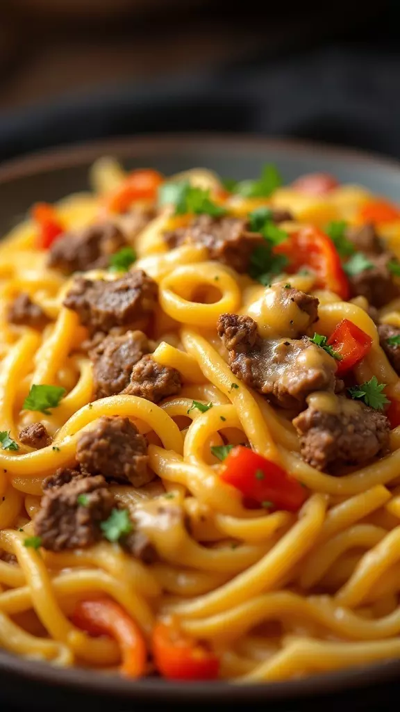 This Philly Cheesesteak Pasta brings all the flavors of the classic sandwich to your dinner plate. With tender beef, colorful peppers, and creamy cheese sauce, it's a hearty meal that everyone will love. Check out this easy recipe to make a delicious dinner in no time: Philly Cheesesteak Pasta!