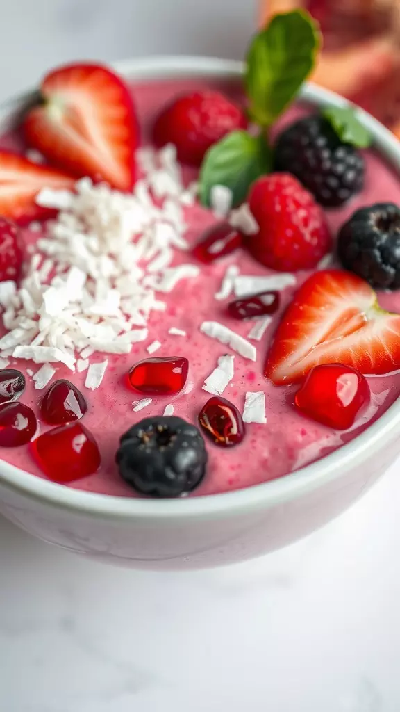 A colorful pomegranate smoothie bowl topped with strawberries, blackberries, raspberries, and shredded coconut.