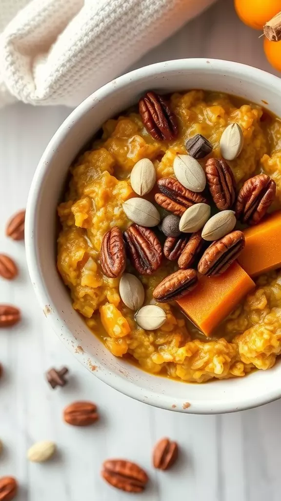 A bowl of pumpkin oatmeal topped with nuts and pumpkin seeds