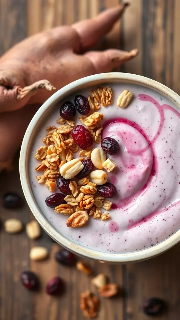 A bowl of purple sweet potato yogurt topped with granola and dried fruits, with a sweet potato in the background.