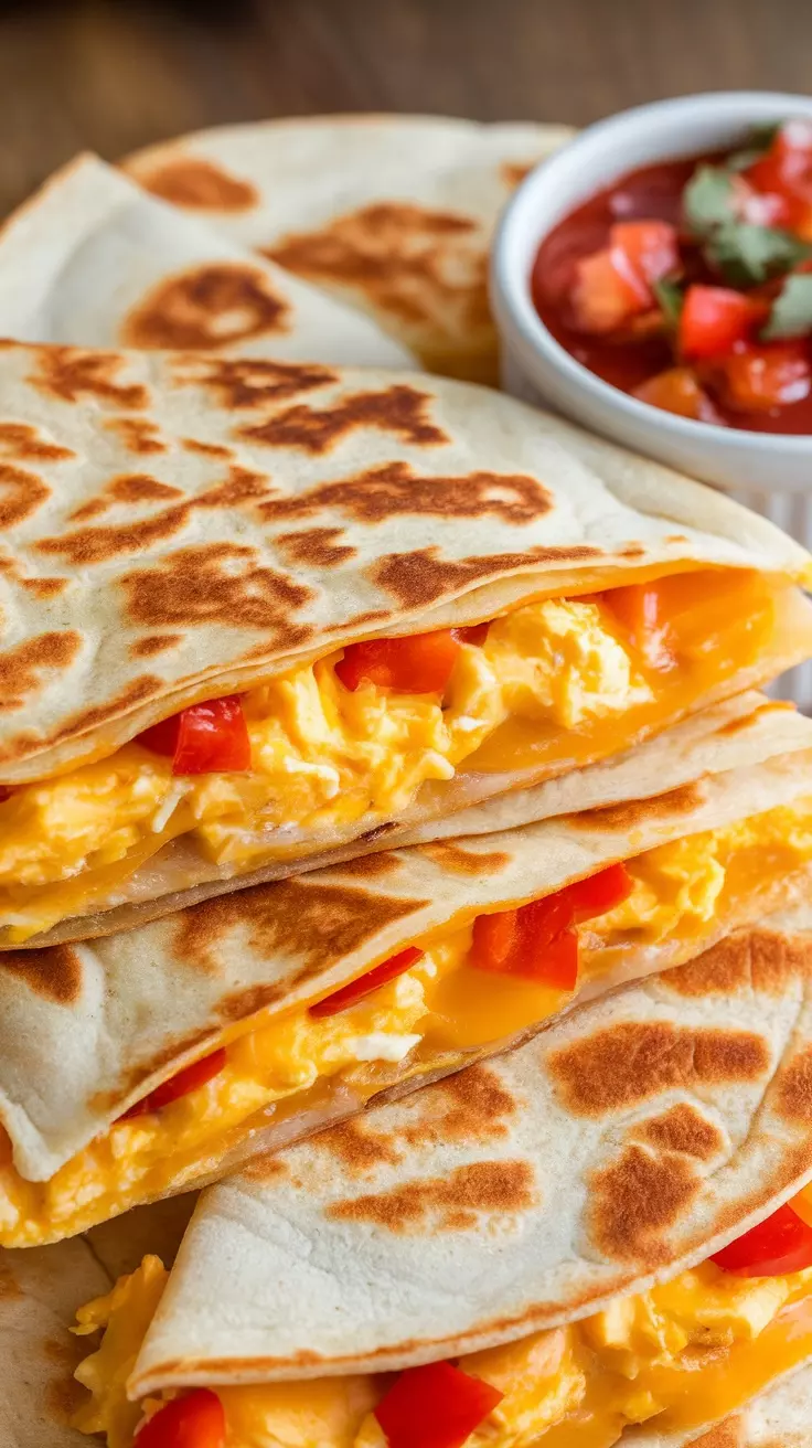 Delicious quick breakfast quesadillas with eggs, cheese, and peppers