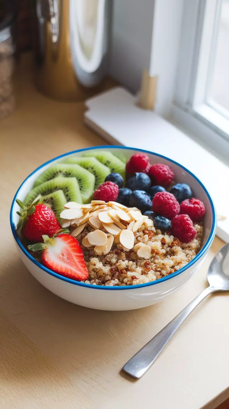 Start your day right with a quinoa breakfast bowl topped with fresh fruits and almonds. This bowl is not only tasty but also packed with nutrients that keep you full longer. With strawberries, blueberries, and kiwi, it’s a colorful way to enjoy a healthy breakfast!