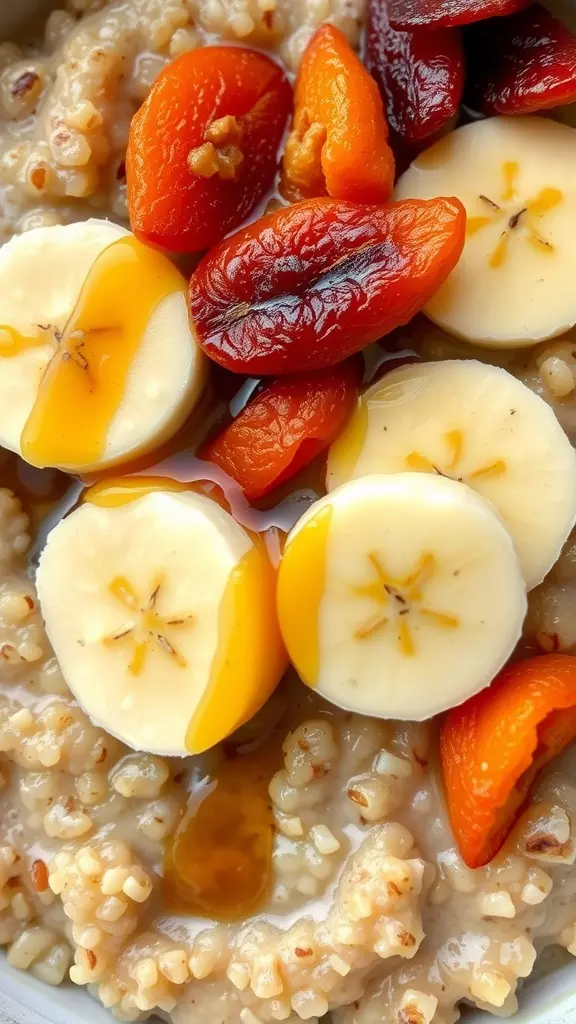 A bowl of quinoa porridge topped with banana slices, dried apricots, and a drizzle of syrup.