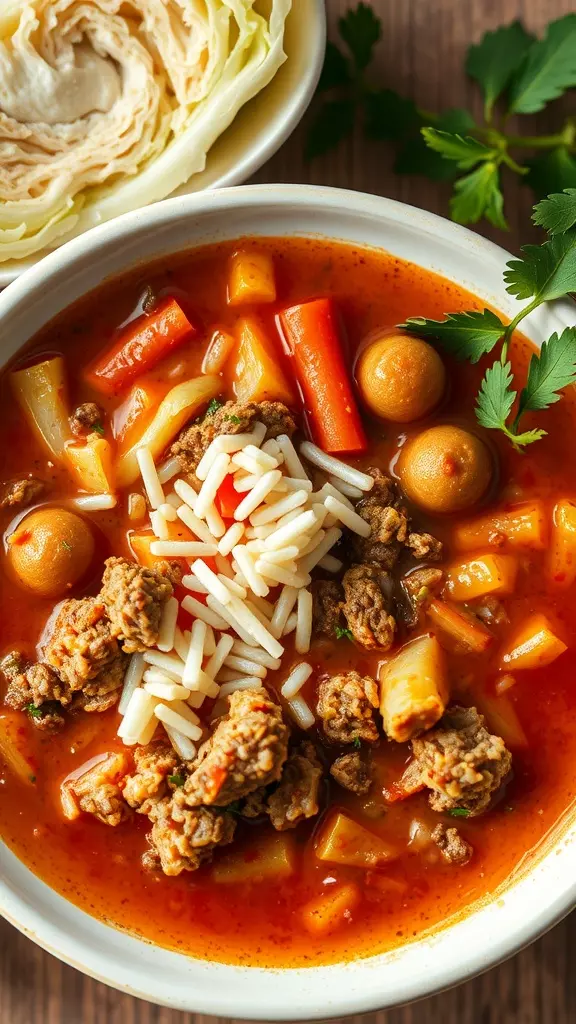 A bowl of stuffed cabbage soup with ground meat, rice, and colorful vegetables.