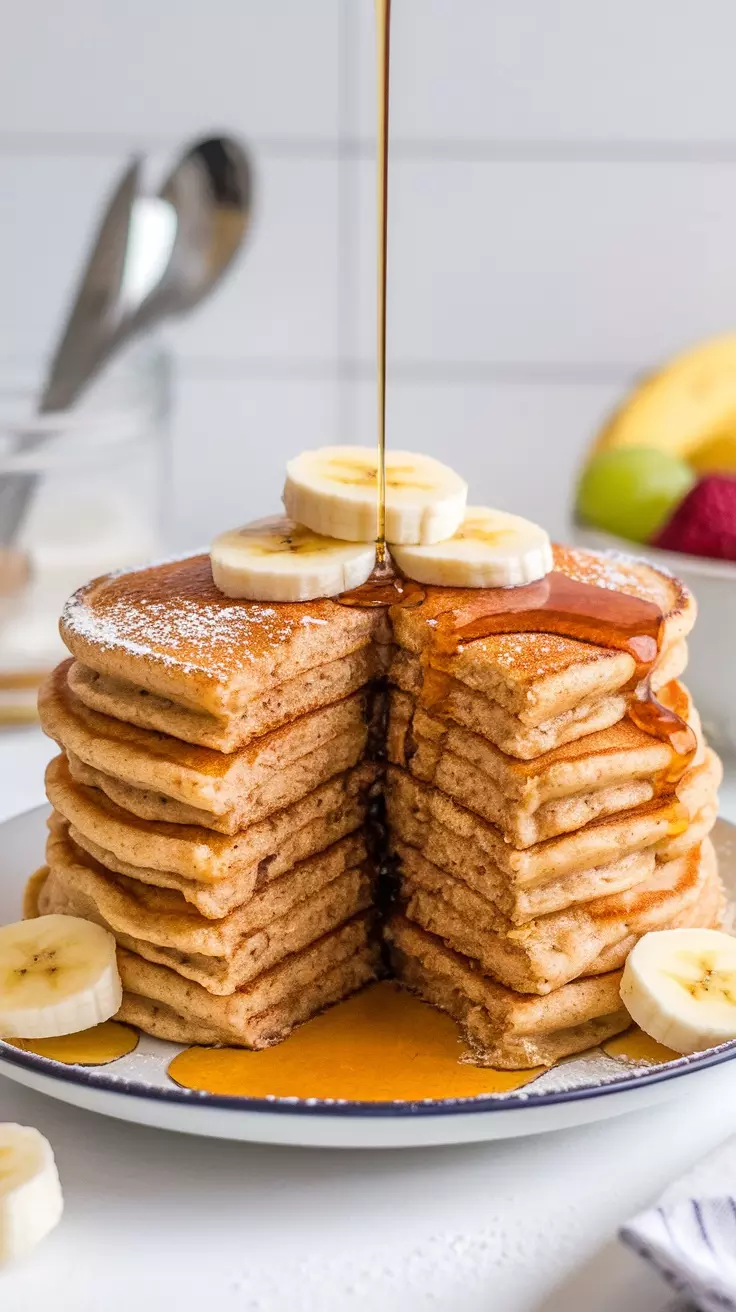 A stack of banana oat pancakes topped with banana slices and syrup.