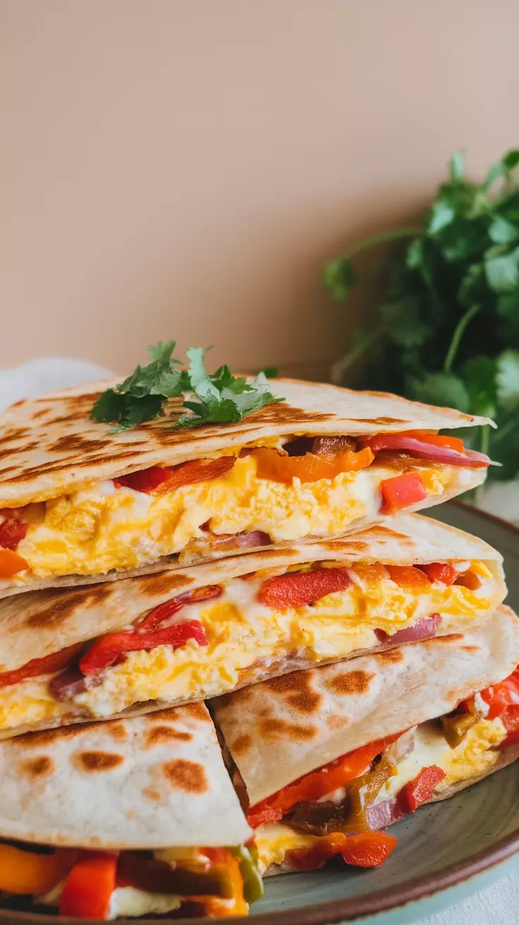 A stack of breakfast quesadillas filled with eggs and veggies, garnished with fresh cilantro.