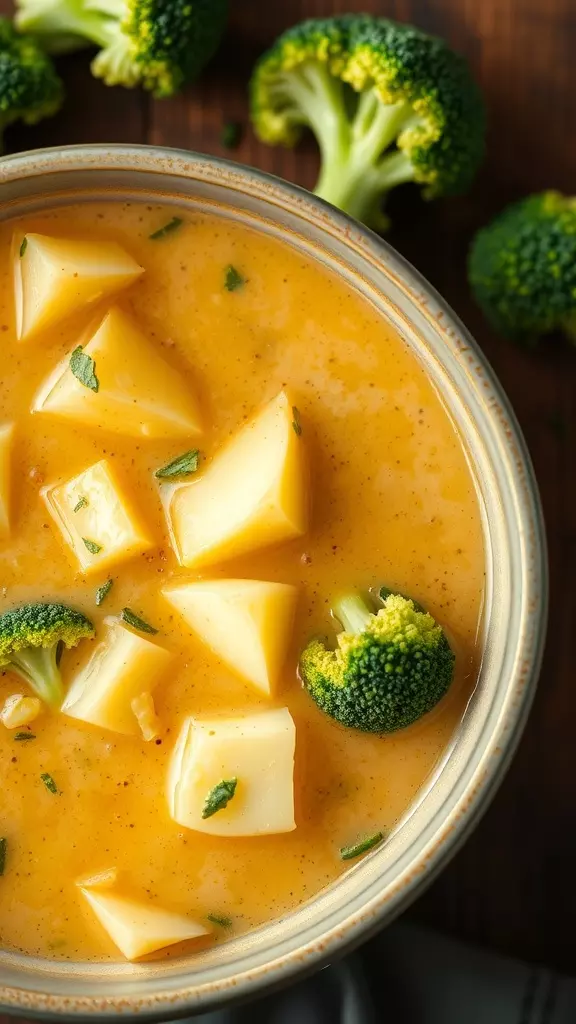 A bowl of cheesy broccoli potato soup with chunks of potato and broccoli florets.