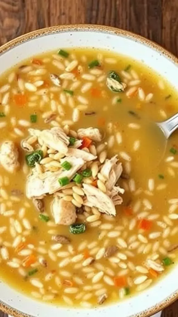 Bowl of chicken wild rice soup with shredded chicken and rice visible