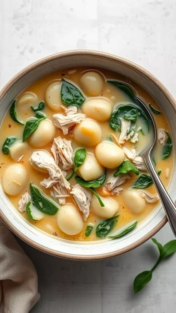 A bowl of creamy chicken gnocchi soup with spinach, shredded chicken, and gnocchi.