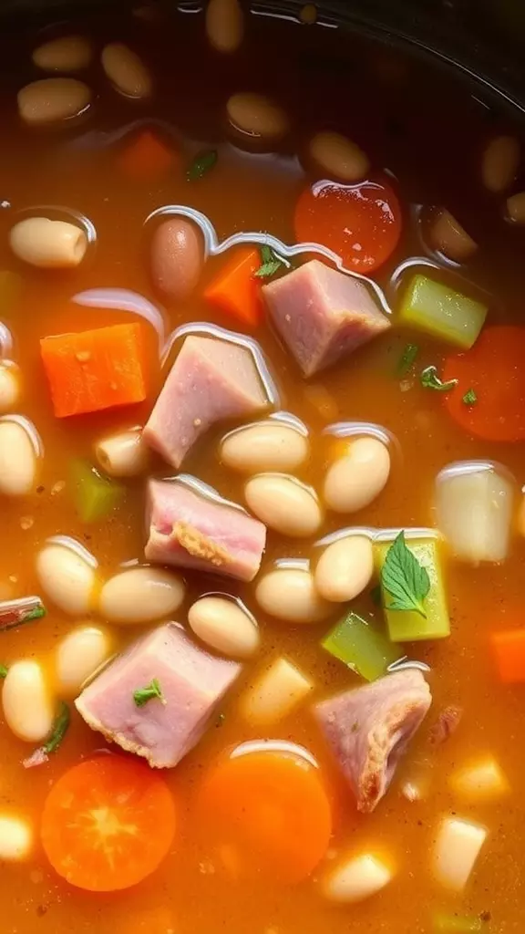 A delicious bowl of slow cooker ham bean soup with chunks of ham, beans, and vegetables.