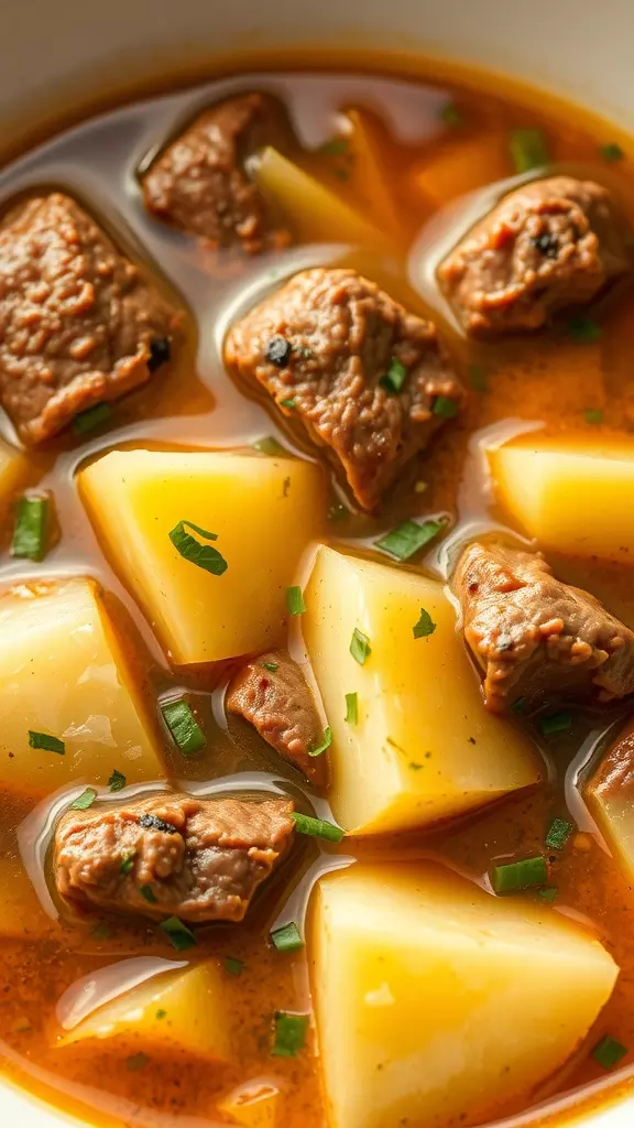 A bowl of slow cooker steak and potato soup with tender beef and potatoes.