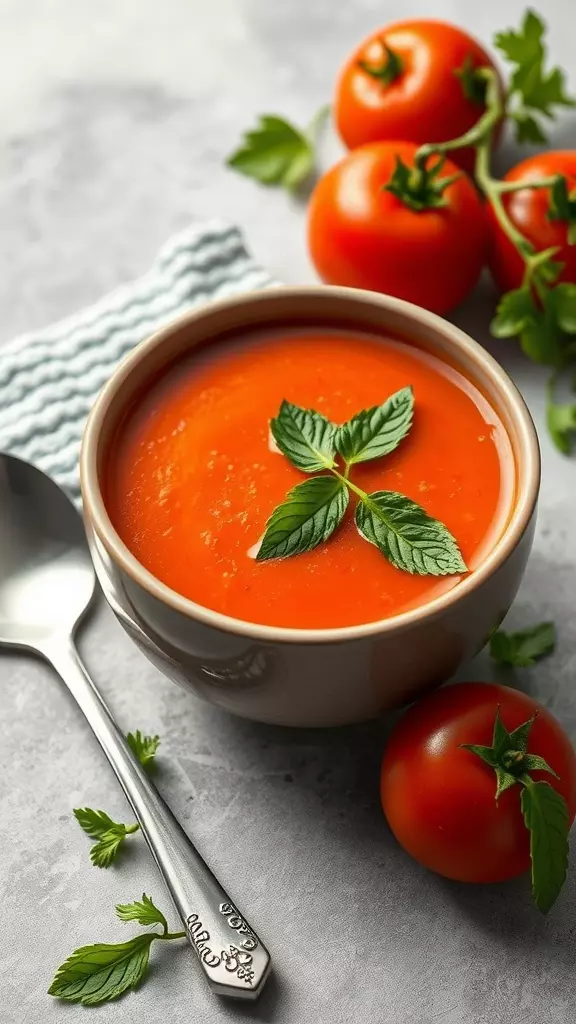 A bowl of smooth tomato soup garnished with fresh mint leaves, with ripe tomatoes in the background.