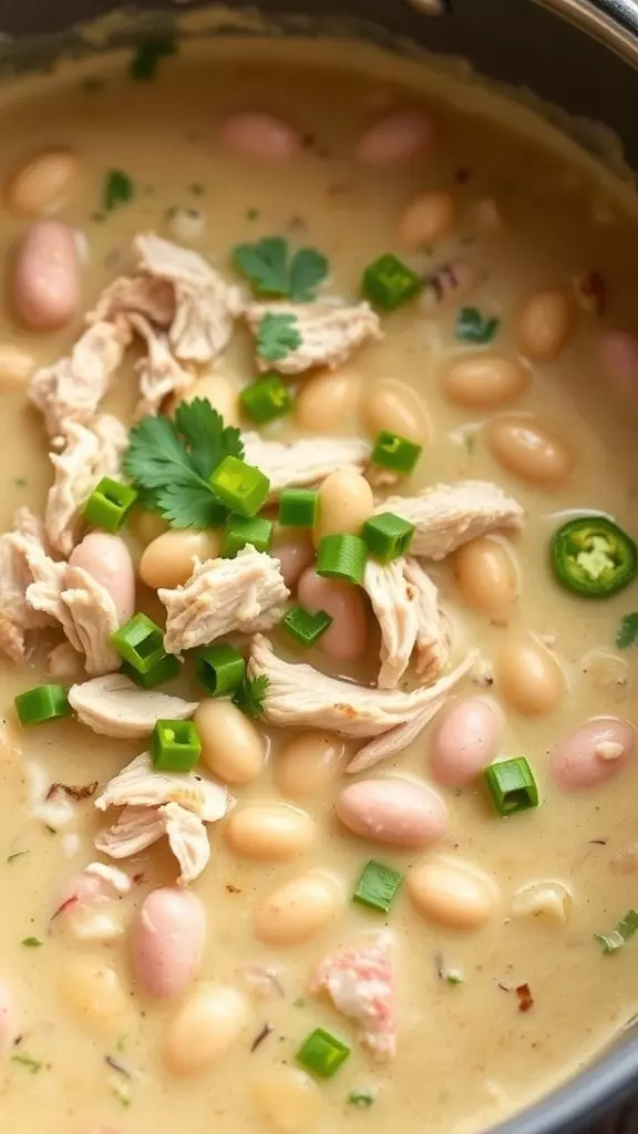 Bowl of slow cooker white chicken chili with shredded chicken, white beans, and green onions.