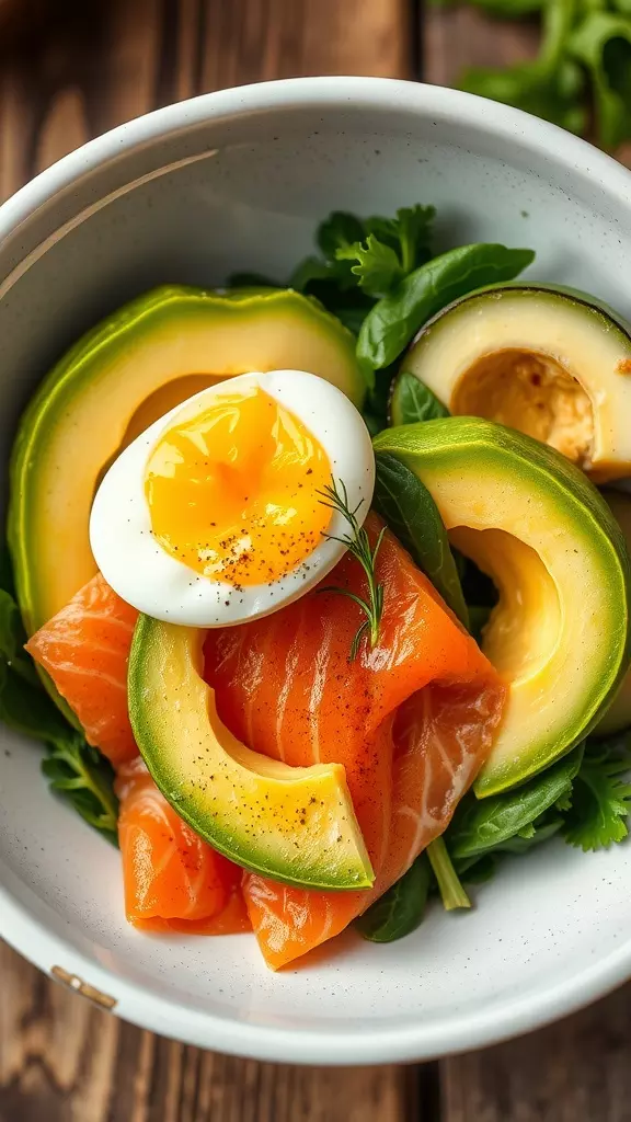 A smoked salmon breakfast bowl featuring avocado, soft-boiled egg, and fresh greens.