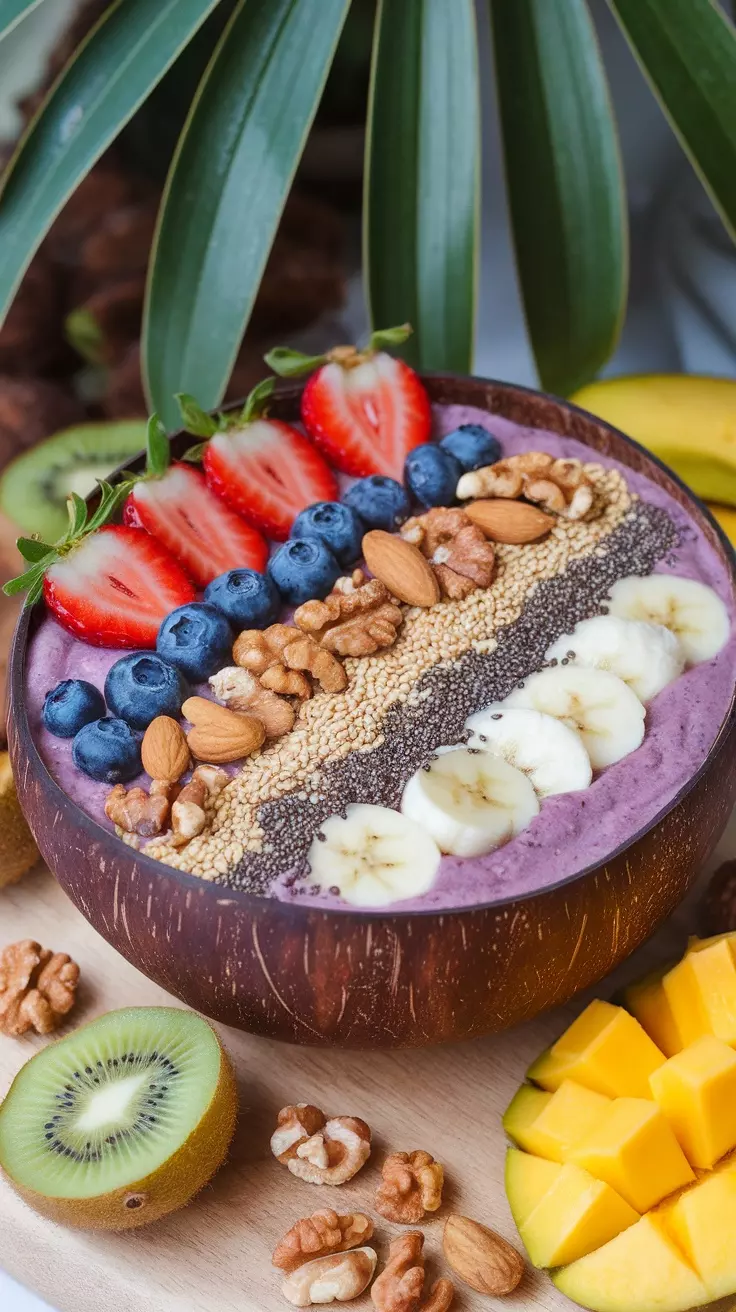 A smoothie bowl is a delicious way to kickstart your day. Packed with fruits, nuts, and seeds, it offers a perfect blend of nutrients. Top it off with your favorite toppings for a quick and tasty breakfast!