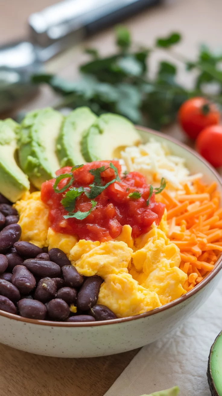 A colorful Southwest Breakfast Egg Bowl with scrambled eggs, black beans, avocado slices, shredded cheese, and salsa.