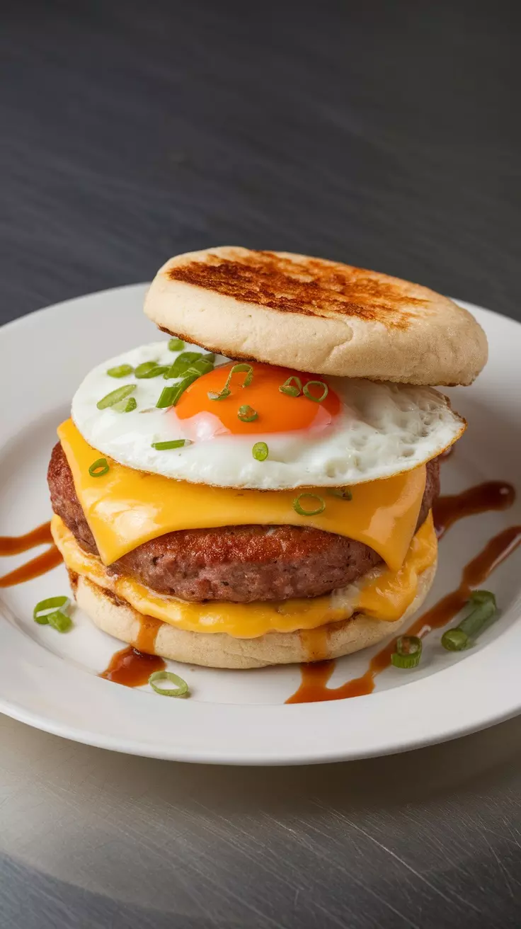 A delicious breakfast sandwich with a sausage patty, fried egg, and cheddar cheese on an English muffin.