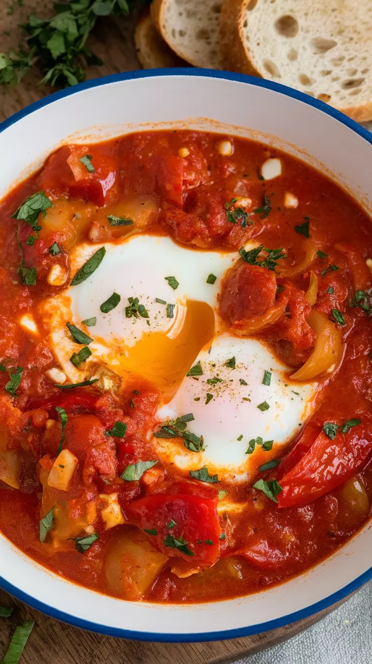 A bowl of spicy shakshuka with poached eggs and vibrant tomato sauce, garnished with parsley.