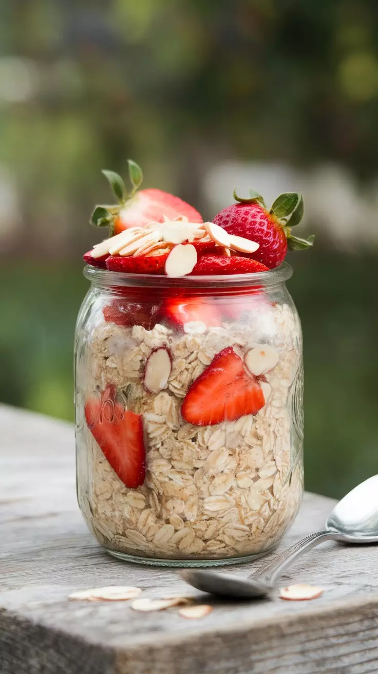 A jar of strawberry almond overnight oats topped with fresh strawberries and sliced almonds.