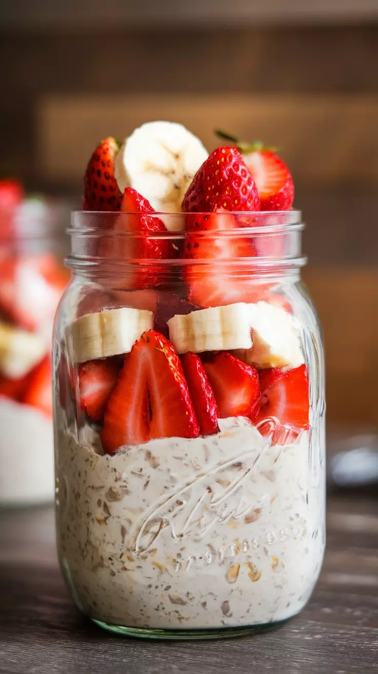 A jar filled with layers of oats, strawberries, and banana slices.