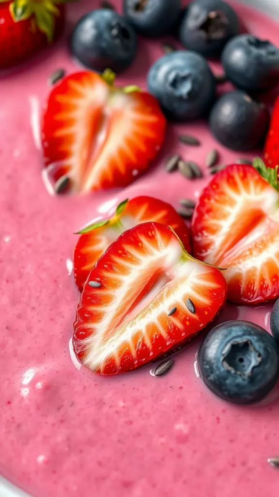 Close-up of a strawberry blueberry smoothie bowl topped with fresh strawberries and blueberries.