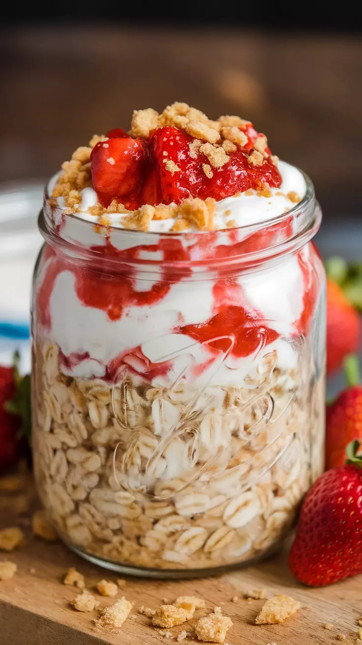 A jar of strawberry cheesecake overnight oats topped with strawberries and graham cracker crumbs.