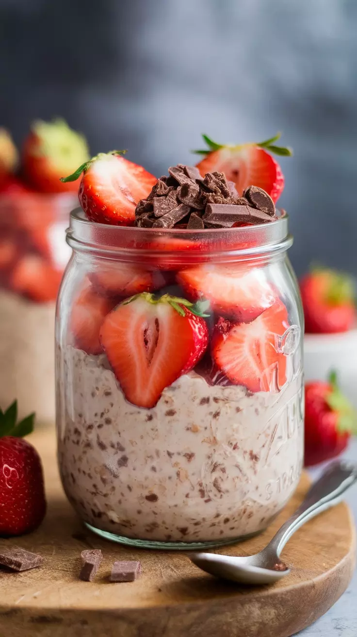 A jar of strawberry chocolate overnight oats topped with fresh strawberries and chocolate pieces.