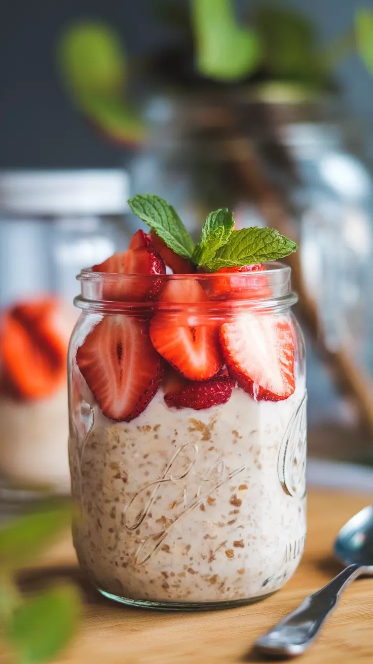 A jar of strawberry overnight oats topped with fresh strawberries and mint leaves.