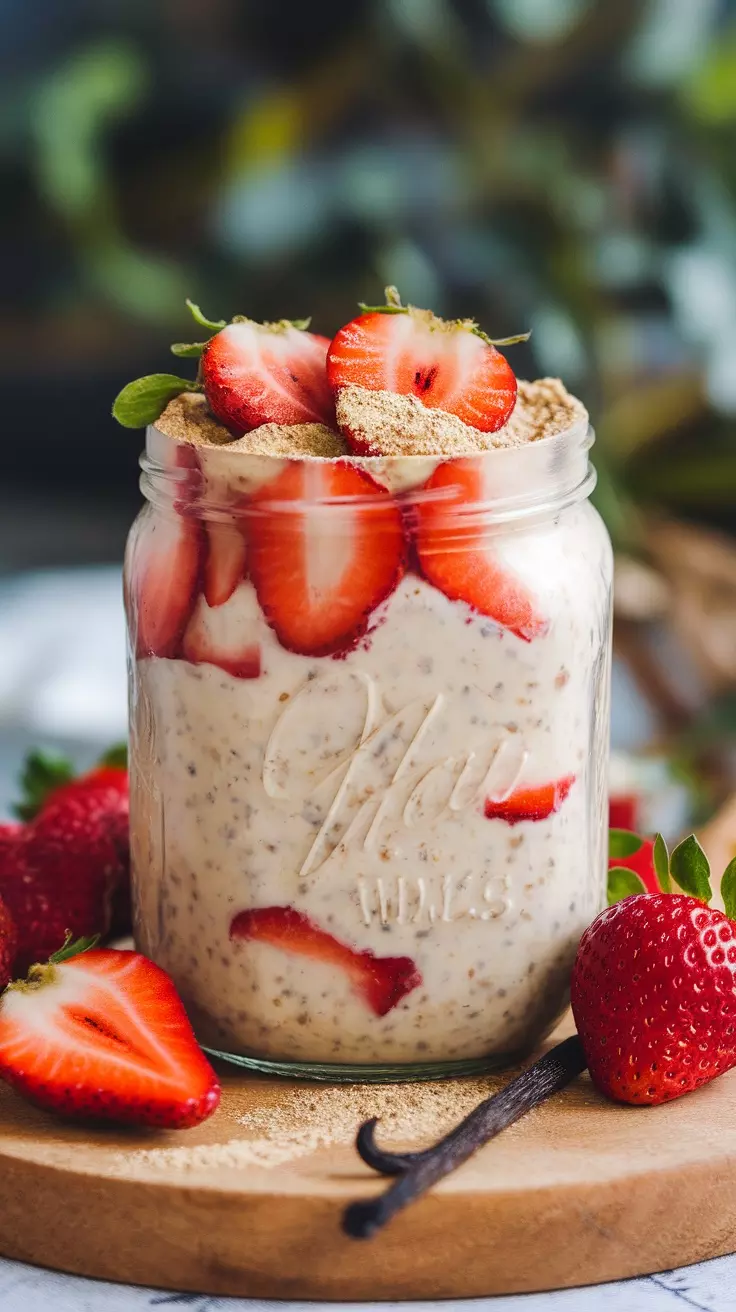 Start your day right with these yummy Strawberry Vanilla Overnight Oats! Just mix oats, almond milk, vanilla, and fresh strawberries, then let it sit overnight. For a delicious recipe, check out this link to get all the details!