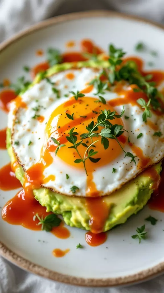 This sunny-side-up egg on a bed of creamy avocado is a great way to start your day. Drizzle some spicy Sriracha on top to give it a kick. For the full recipe, check out this delicious dish and enjoy a tasty breakfast!