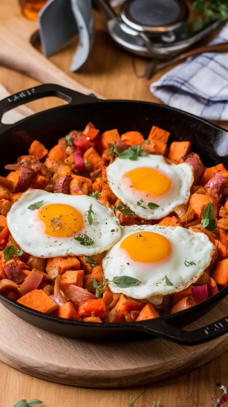 This Sweet Potato Hash with Eggs is a delightful blend of flavors and textures. The sweet potatoes provide a naturally sweet base, while the sautéed peppers and onions add a savory touch. Topped with perfectly cooked eggs, this dish is not only tasty but also simple to whip up, making it an ideal choice for breakfast or brunch.