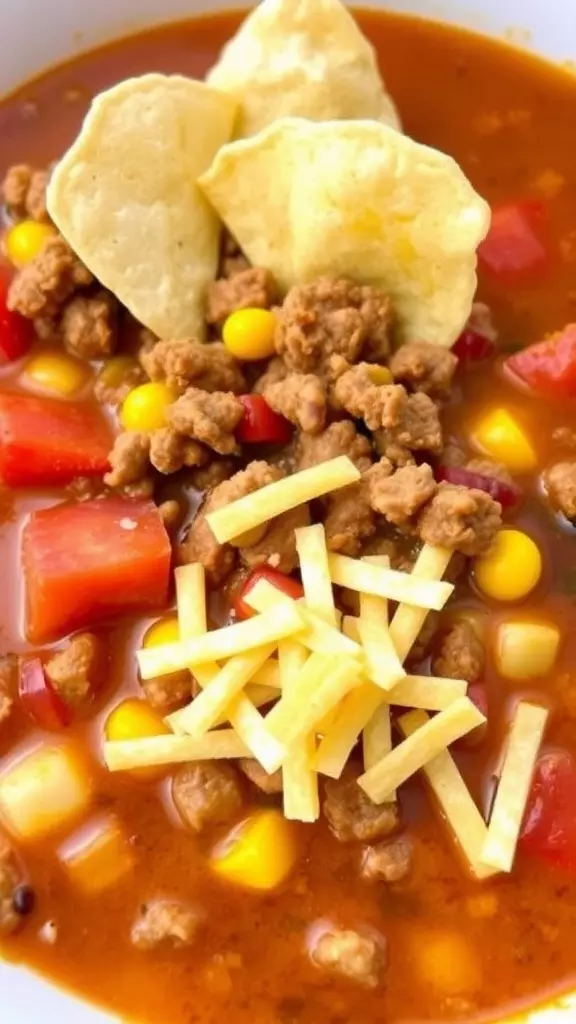 A bowl of taco soup topped with tortilla chips, cheese, and cilantro, surrounded by additional tortilla chips on a wooden table.