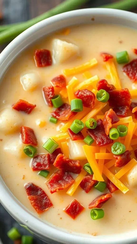 A close-up of loaded potato soup topped with cheese, bacon, and green onions.