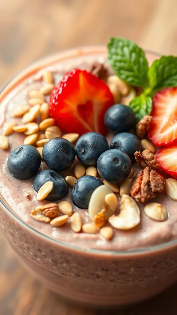 A thick vegan smoothie bowl topped with strawberries, blueberries, and nuts.