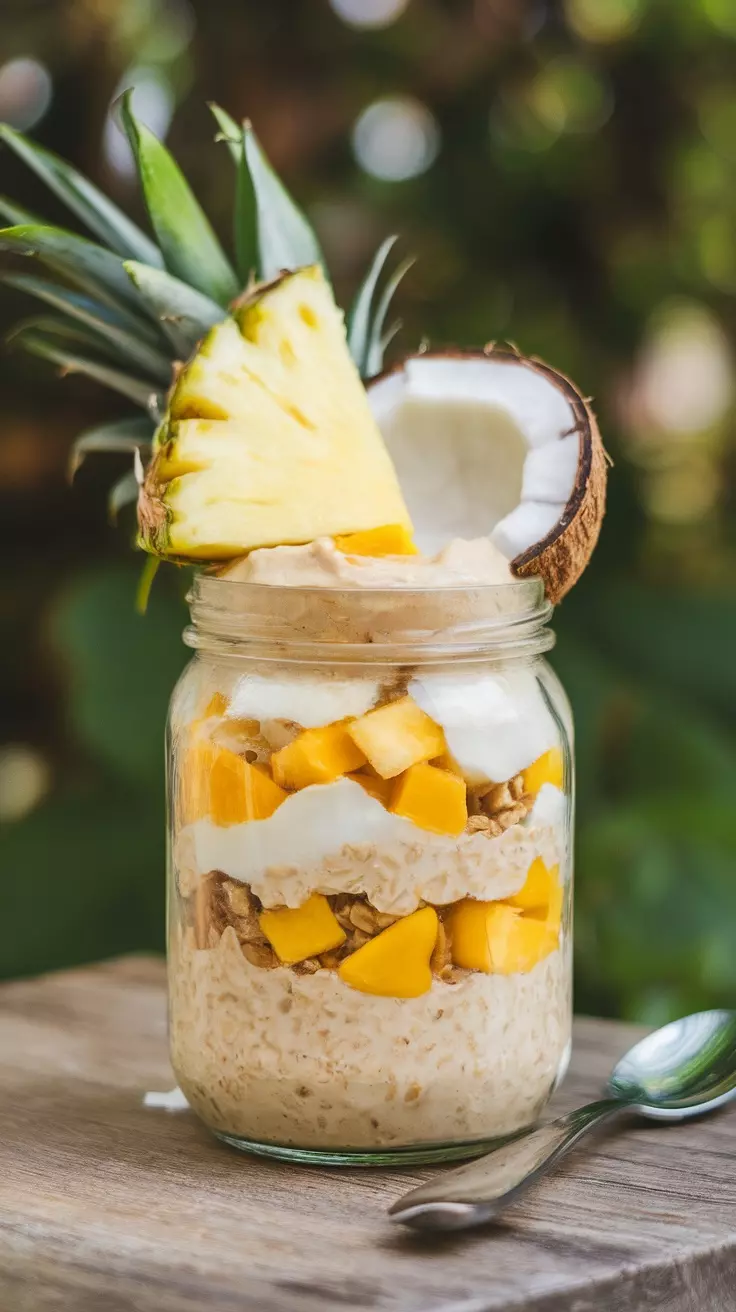 A jar of tropical paradise overnight oats topped with pineapple and coconut.