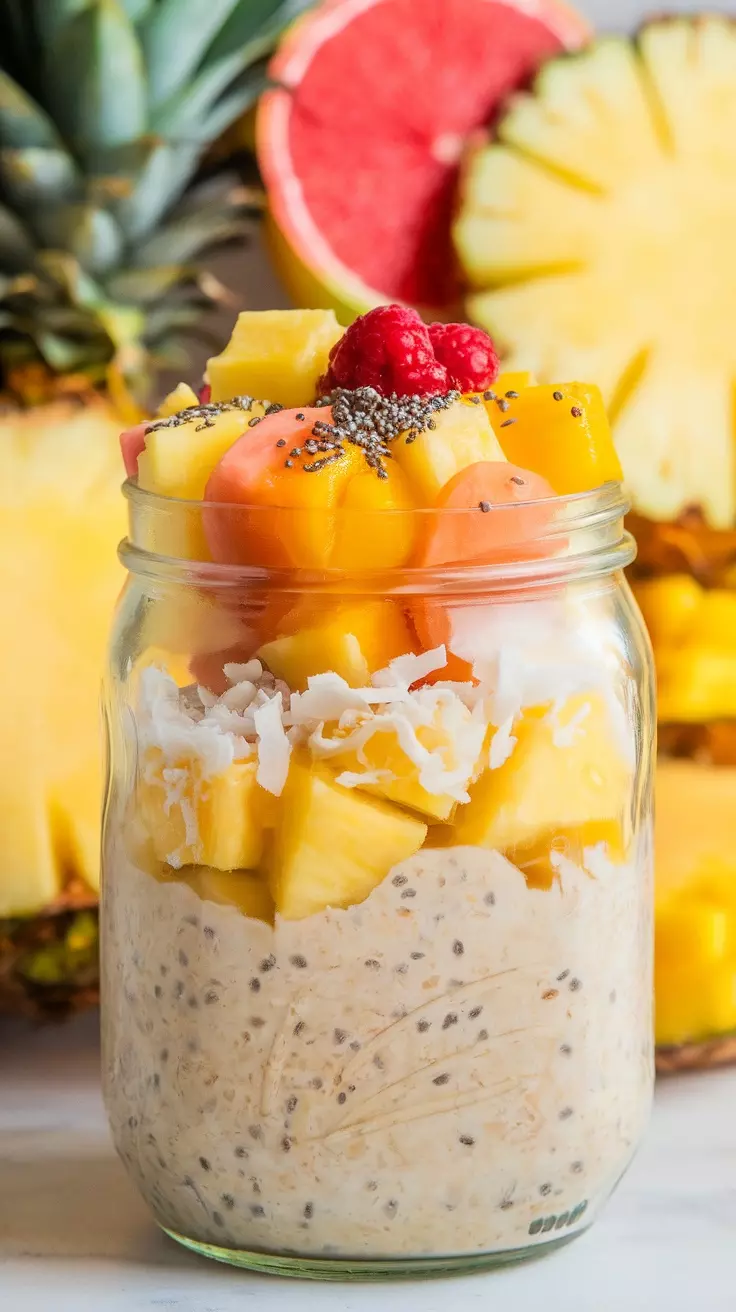 A jar of tropical overnight oats topped with mango, pineapple, and raspberries.