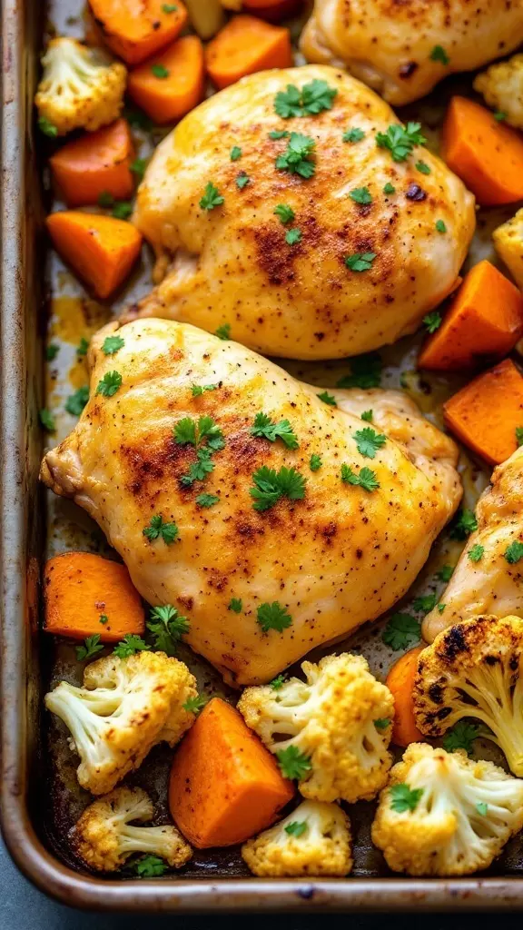 This turmeric chicken dish is a simple and healthy dinner option. The chicken is juicy and flavorful, paired perfectly with sweet potatoes and cauliflower for a colorful meal. Check out the full recipe for this delicious sheet pan meal that makes cleanup a breeze!