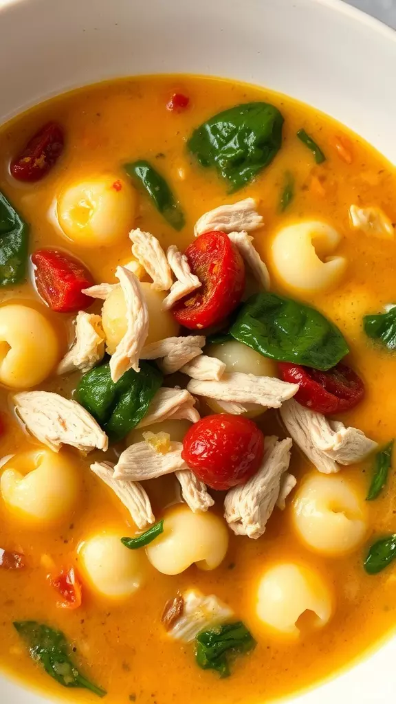 A bowl of Tuscan Chicken Gnocchi Soup featuring chicken, gnocchi, spinach, and cherry tomatoes.