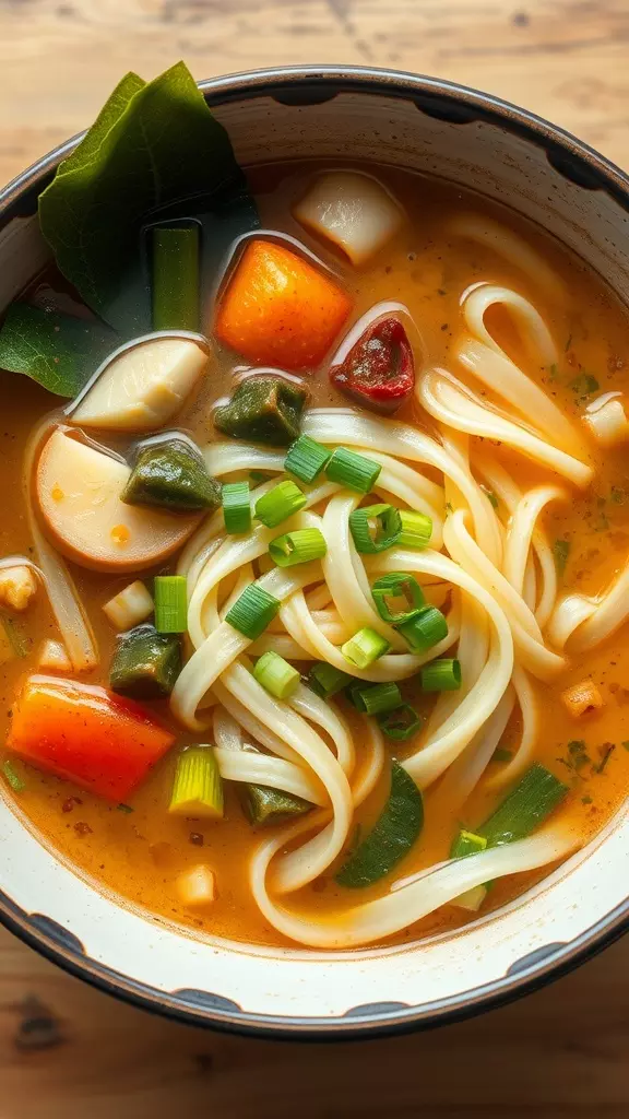 A bowl of Vegan Misua Soup with noodles, vegetables, and herbs