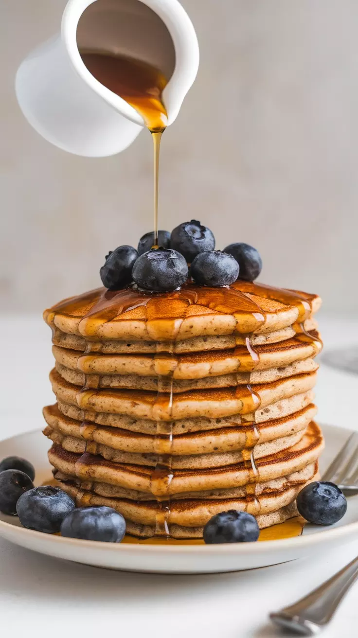 Start your day with delicious whole grain pancakes topped with fresh blueberries and drizzled with pure maple syrup. They’re not just tasty but also packed with fiber to keep you full. Enjoy this easy breakfast that feels like a treat!