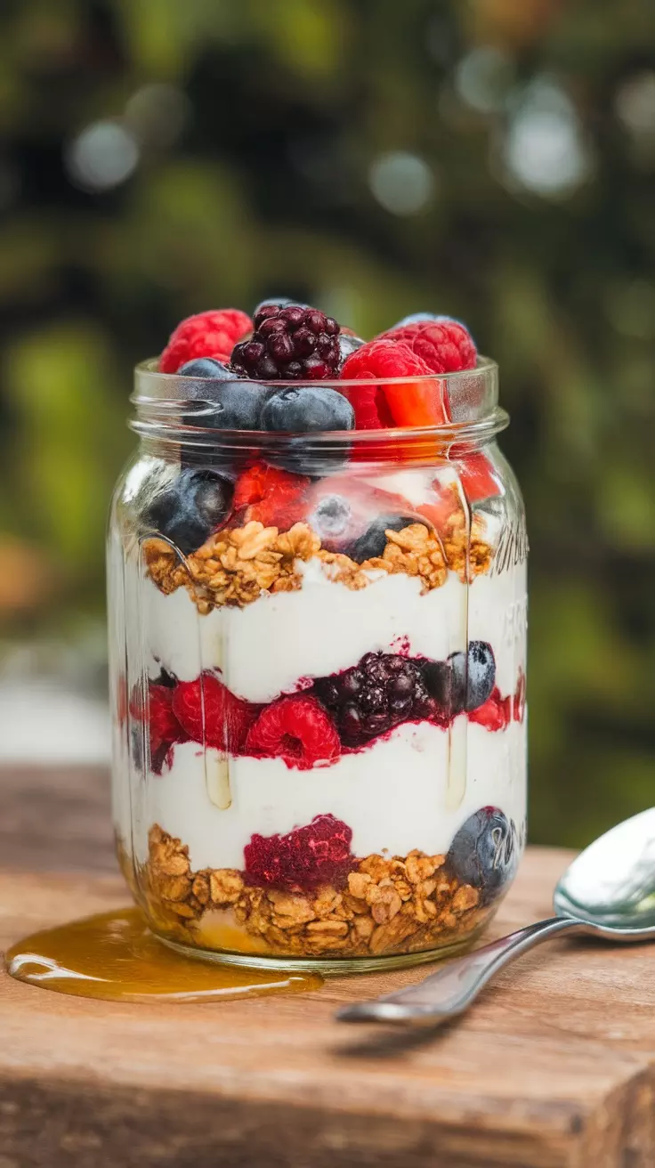 A delicious yogurt parfait with layers of yogurt, granola, and mixed berries in a jar.