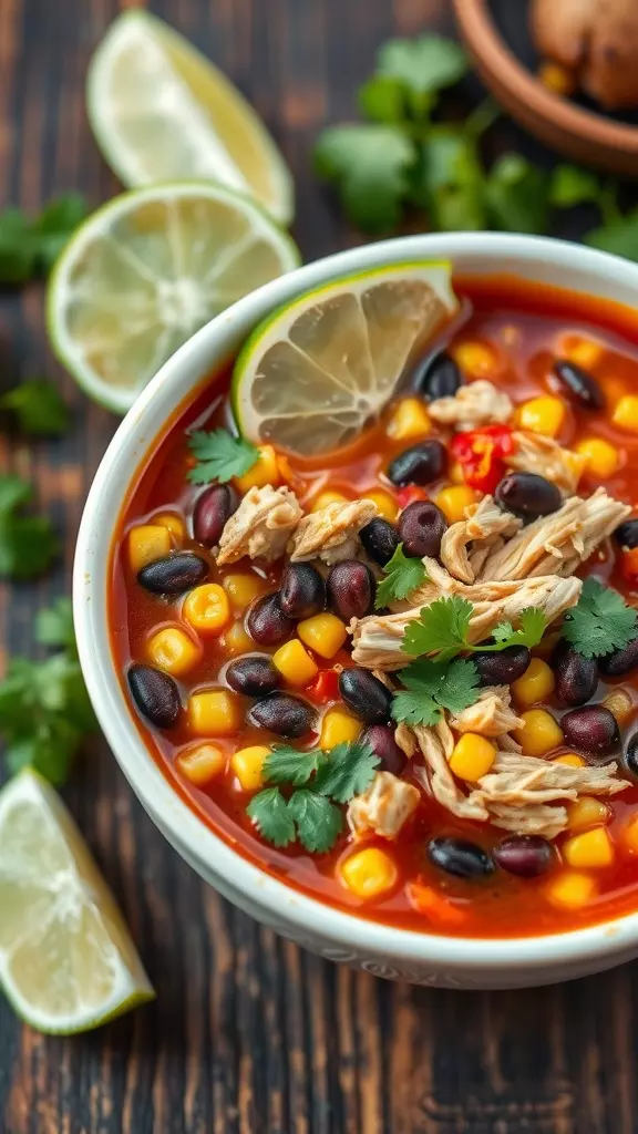 A bowl of Zesty Mexican Chicken Soup with lime and cilantro garnishes.