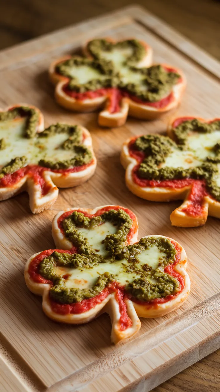 Celebrate St. Patrick’s Day with these adorable shamrock-shaped mini pizzas! Perfect for parties, kids, or a festive dinner, these cheesy bites are as fun to make as they are to eat. ☘️✨ #StPatricksDay #MiniPizzas #FunFood #HolidayTreats #PartySnacks