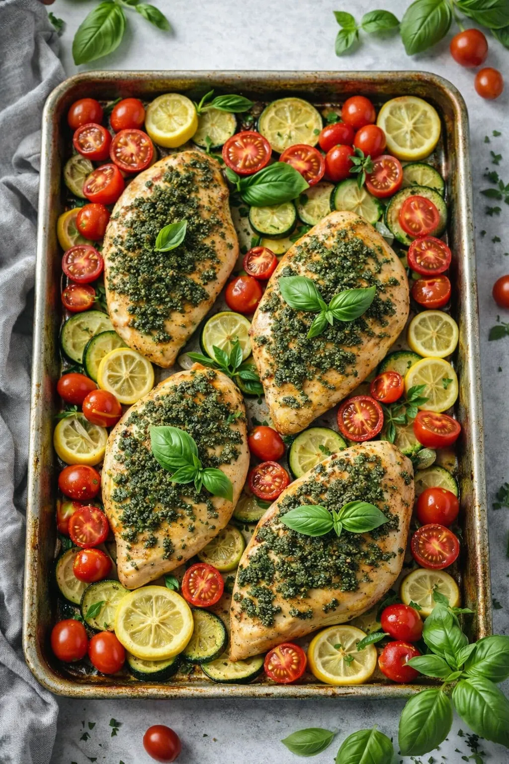 This Pesto Chicken with Zucchini and Cherry Tomatoes is the ultimate easy weeknight dinner—packed with flavor, color, and fresh ingredients. Juicy chicken is coated in fragrant pesto, then roasted alongside tender zucchini and blistered cherry tomatoes. It’s simple, vibrant, and perfect for a quick, healthy meal!