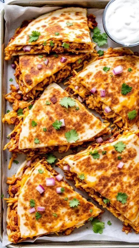 These BBQ chicken quesadillas are a fun twist on a classic meal. Packed with tender chicken, melty cheese, and a smoky barbecue sauce, they’re sure to please everyone at the table. Serve them up with some sour cream on the side for an extra tasty bite!

