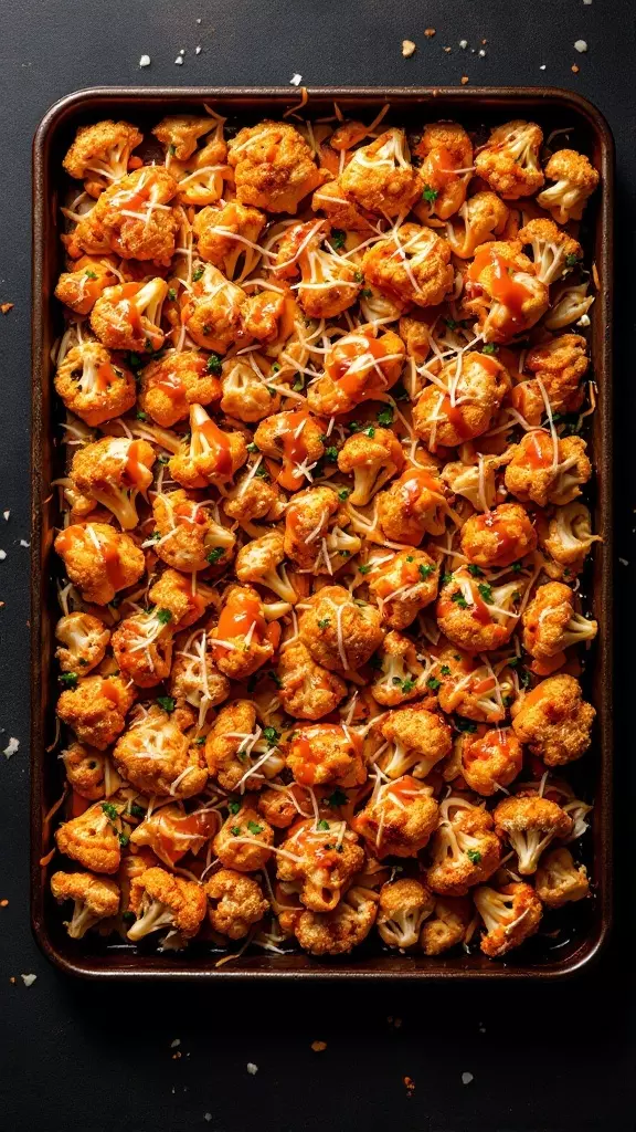 A tray of Buffalo Chicken and Cauliflower Bake with orange sauce and melted cheese.