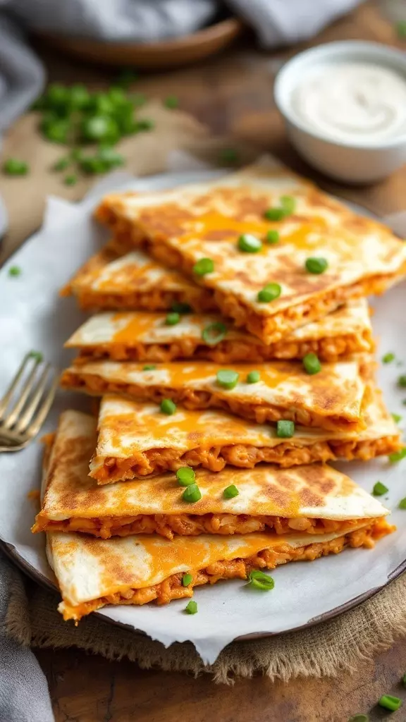 If you're craving something spicy, these Buffalo Chicken Quesadillas are a fun choice! They combine shredded chicken with zesty buffalo sauce and gooey cheese, all packed into a crispy tortilla. Serve them with some ranch dressing for a delicious dip!

