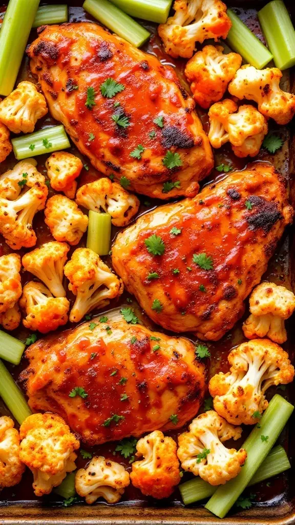 This sheet pan buffalo chicken is a total winner for busy weeknights. The spicy chicken pairs perfectly with tender cauliflower and crisp celery, making it a satisfying meal. Just toss everything on a sheet pan, bake, and enjoy the easy clean-up!